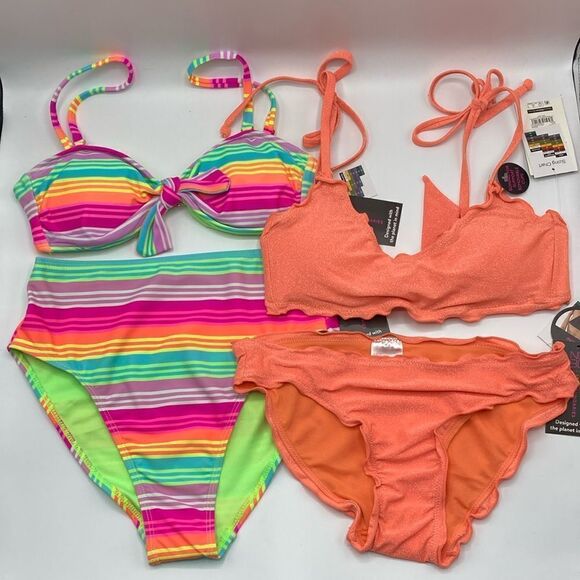 Lettuce Edge & Knot Top With High Leg Bottom Bikini Swimsuit 2-Pack Size S - Picture 1 of 12